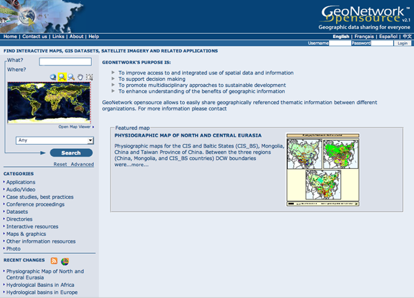 Standard home page of GeoNetwork opensource