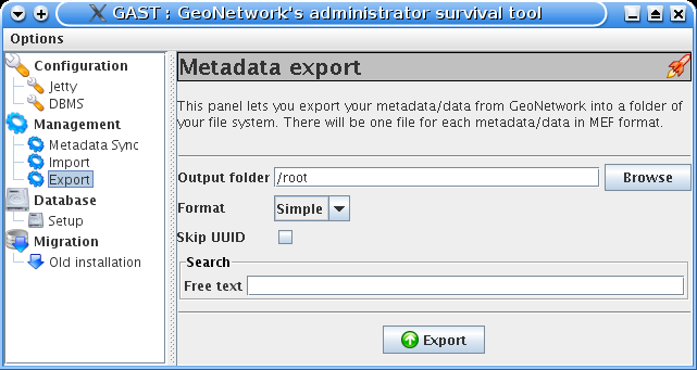 The metadata export panel