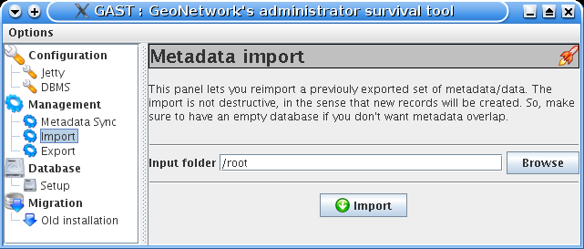 The metadata import panel