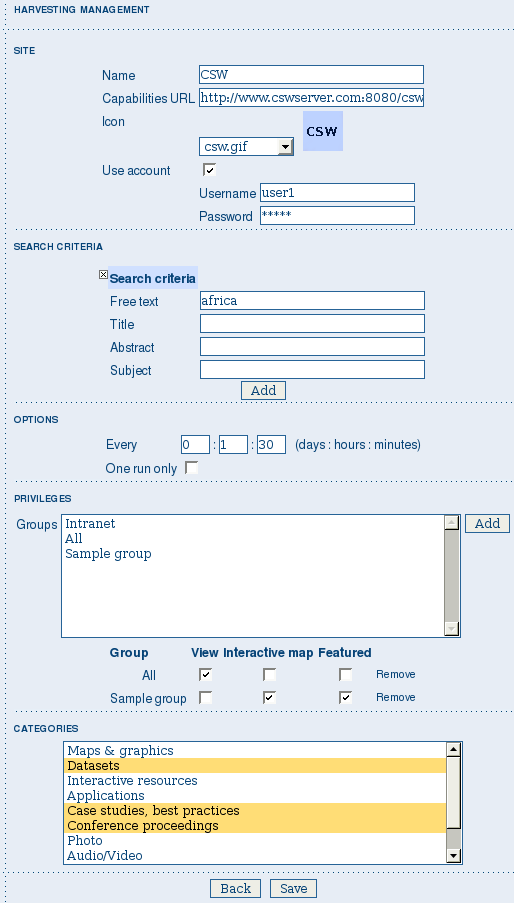 Adding a Catalogue Services for the Web harvesting node