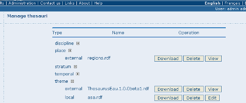 Administration interface for thesaurus